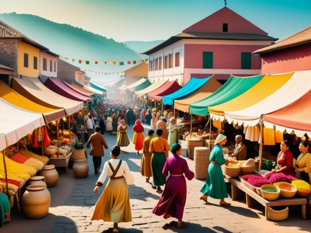 Vibrante mercado con patrones étnicos en publicidad, celebrando diversidad cultural y tradiciones