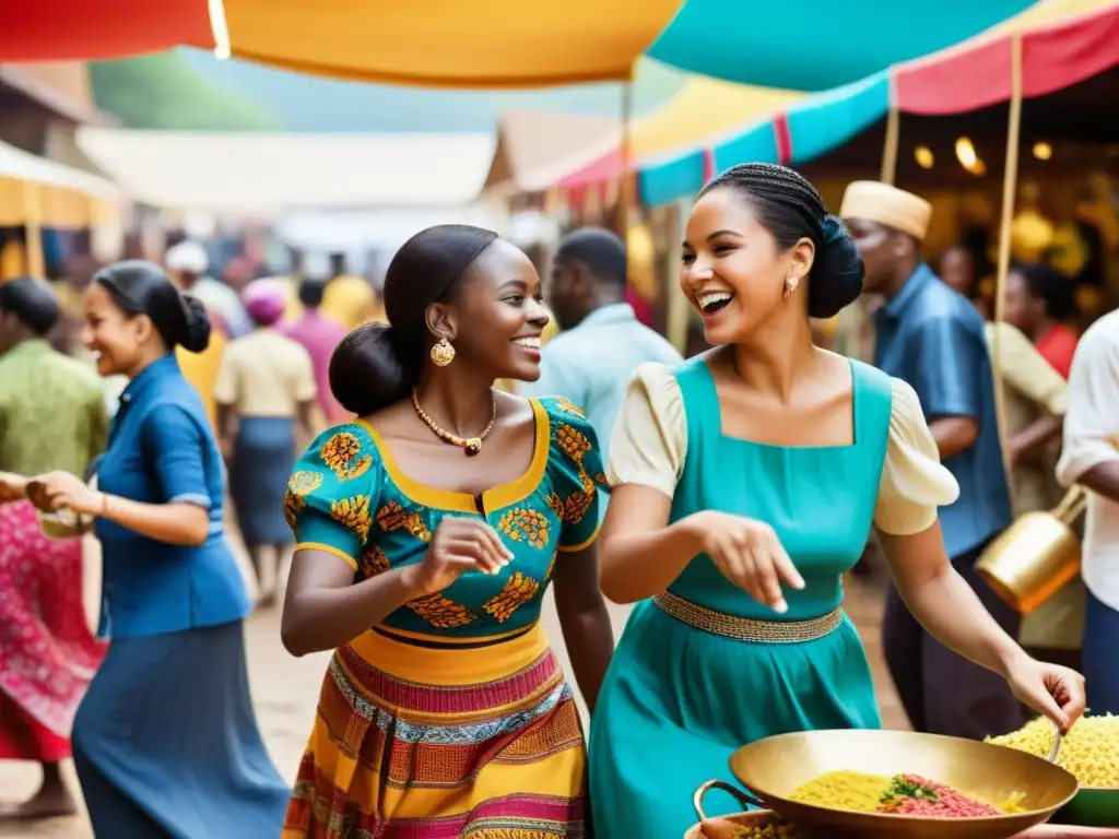 Un vibrante mercado donde personas de diferentes culturas participan en actividades culturales, como baile y cocina