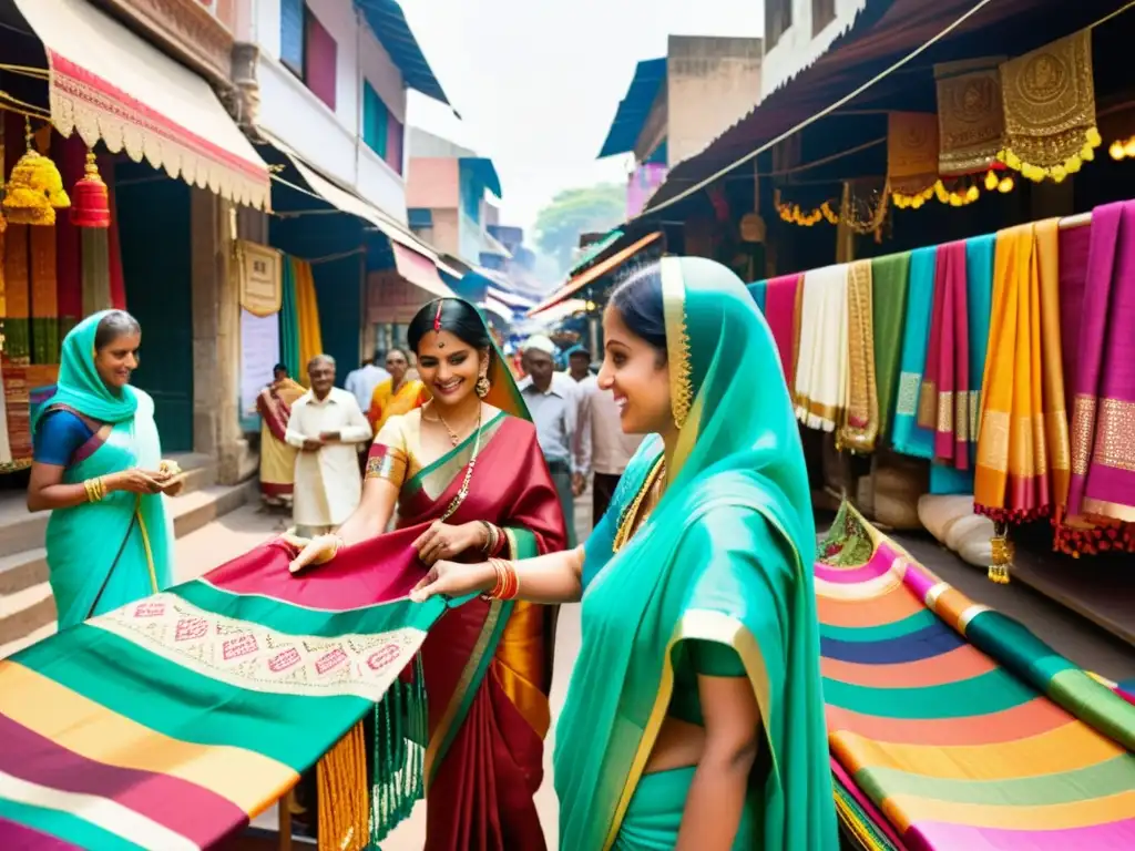 Vibrante mercado de textiles en festividades indias: coloridos saris, tejidos y celebración comunitaria