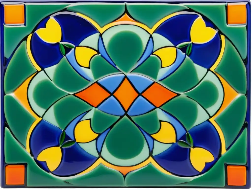 Vibrante patrón de mosaico con diseño floral y detalles geométricos en azules, verdes, naranjas y amarillos