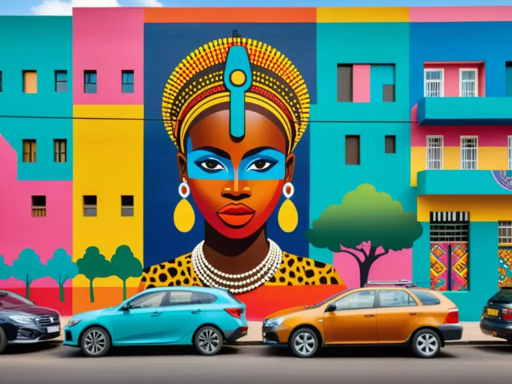 Vibrante mural africano con patrones en el arte callejero y colores audaces, fusionando tradición y modernidad en la bulliciosa vida urbana