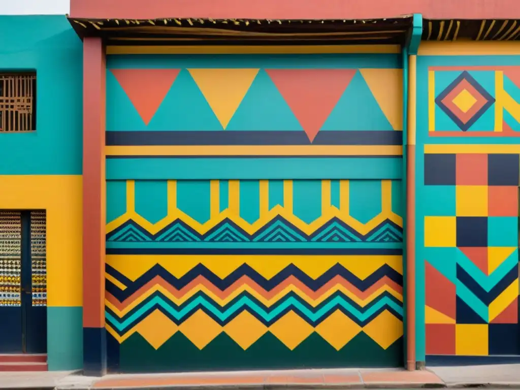 Un vibrante mural en una bulliciosa ciudad latinoamericana, con patrones geométricos y colores contrastantes