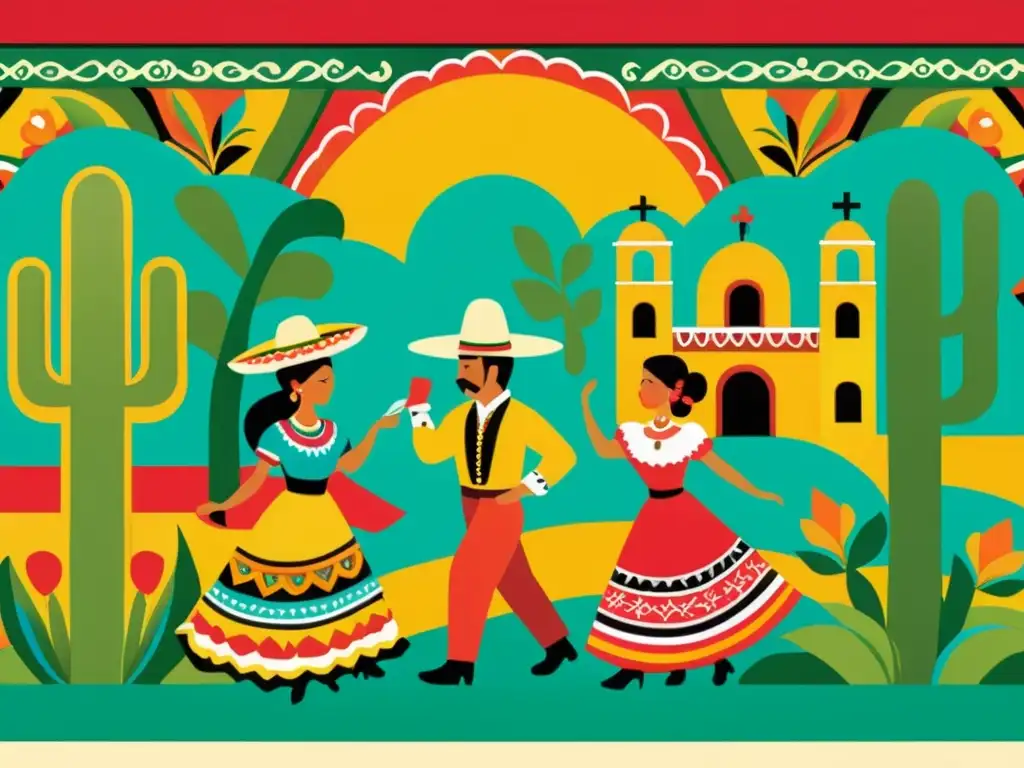 Vibrante mural estilo vintage con patrones festivos mexicanos, danzantes, arquitectura histórica y exuberante vegetación