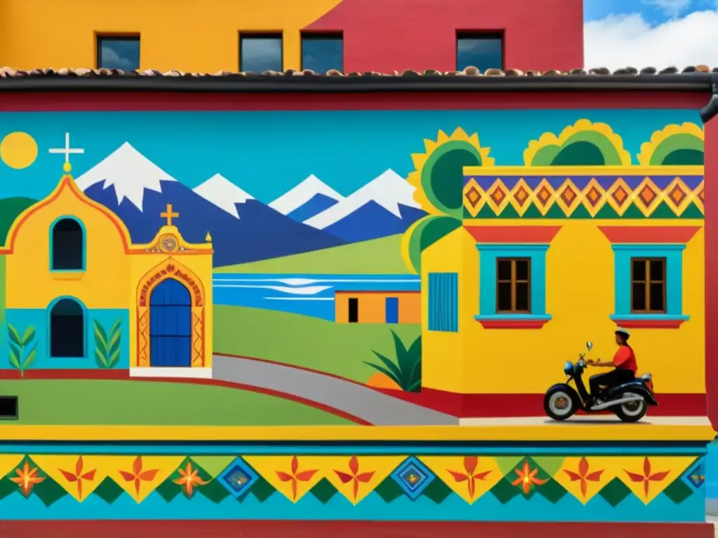 Vibrante mural que fusiona influencias del modernismo en América Latina, con escenas diarias y colores vivos