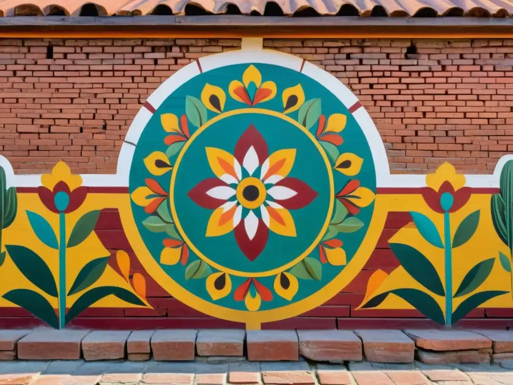 Vibrante mural mexicano con patrones artísticos en una pared de ladrillo envejecida, evocando tradición y significado cultural