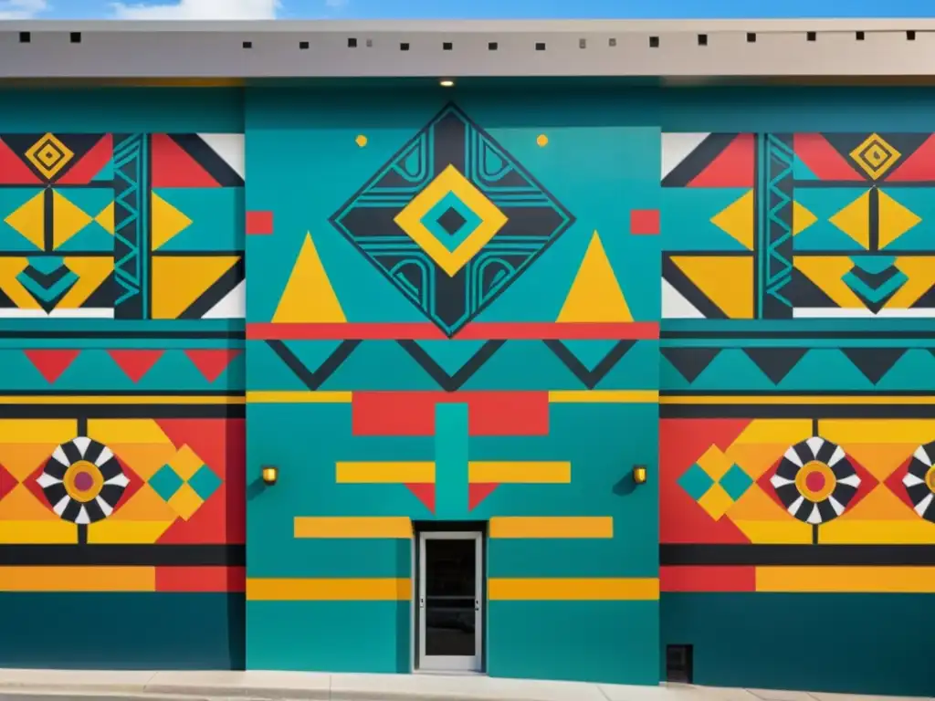 Vibrante mural con patrones mayas y diseños contemporáneos, contrastando lo antiguo y moderno en arte urbano