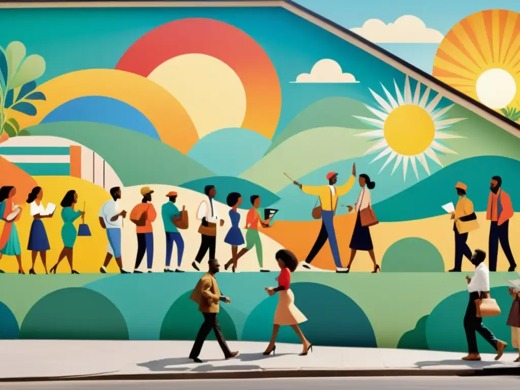 Un vibrante mural urbano con artistas de diversas culturas creando arte juntos