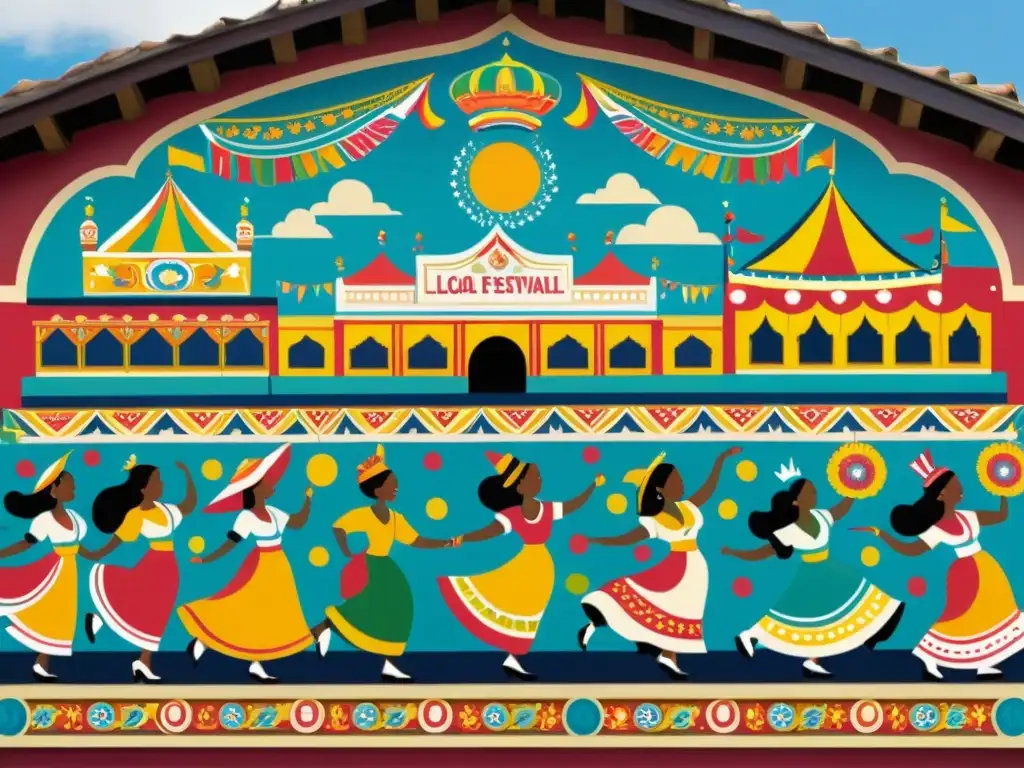 Vibrante mural vintage de celebraciones locales con patrones murales comunitarios y personajes coloridos