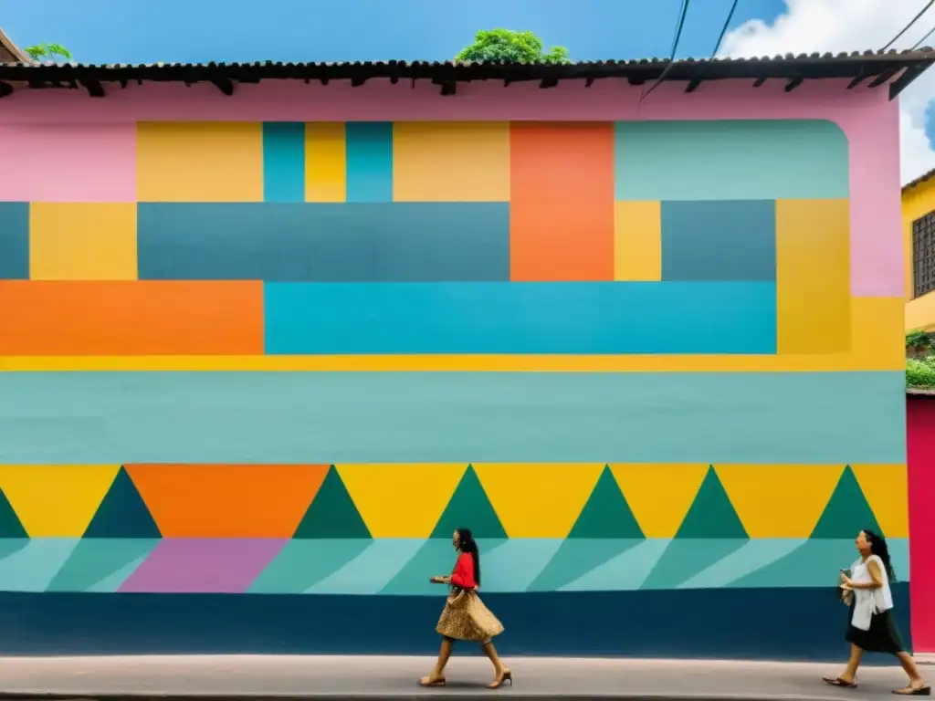 Un vibrante mural vintage en Medellín, Colombia, durante el festival de arte visual, atrae con sus colores y patrones abstractos