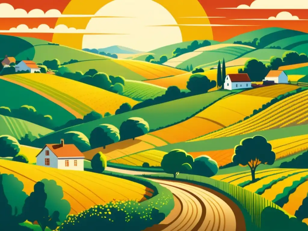 Una ilustración vibrante de un paisaje rural, con colinas, granjas tradicionales, campos de cultivo y un atardecer majestuoso