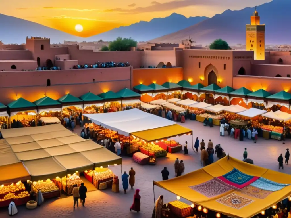 Una vibrante pintura al óleo de un bullicioso mercado en Marrakech, Marruecos, capturando los detallados patrones de textiles, cerámica y arquitectura