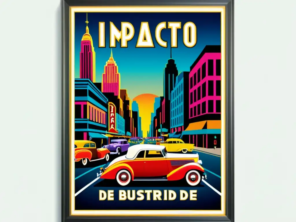 Un vibrante póster vintage de una bulliciosa calle de la ciudad con autos clásicos, letreros de neón y personas elegantes