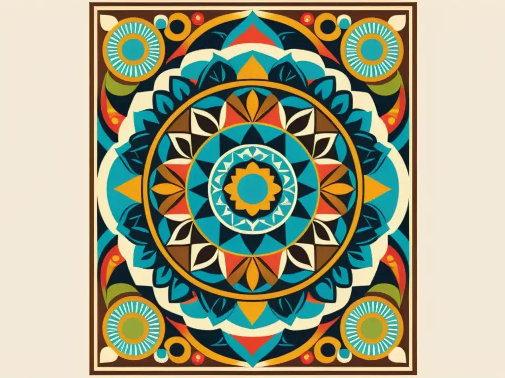 Poster vintage de patrones culturales: Asia, África, América y Europa Un vibrante póster vintage con un mosaico de diseños culturales de todo el mundo, evocando historia y tradición