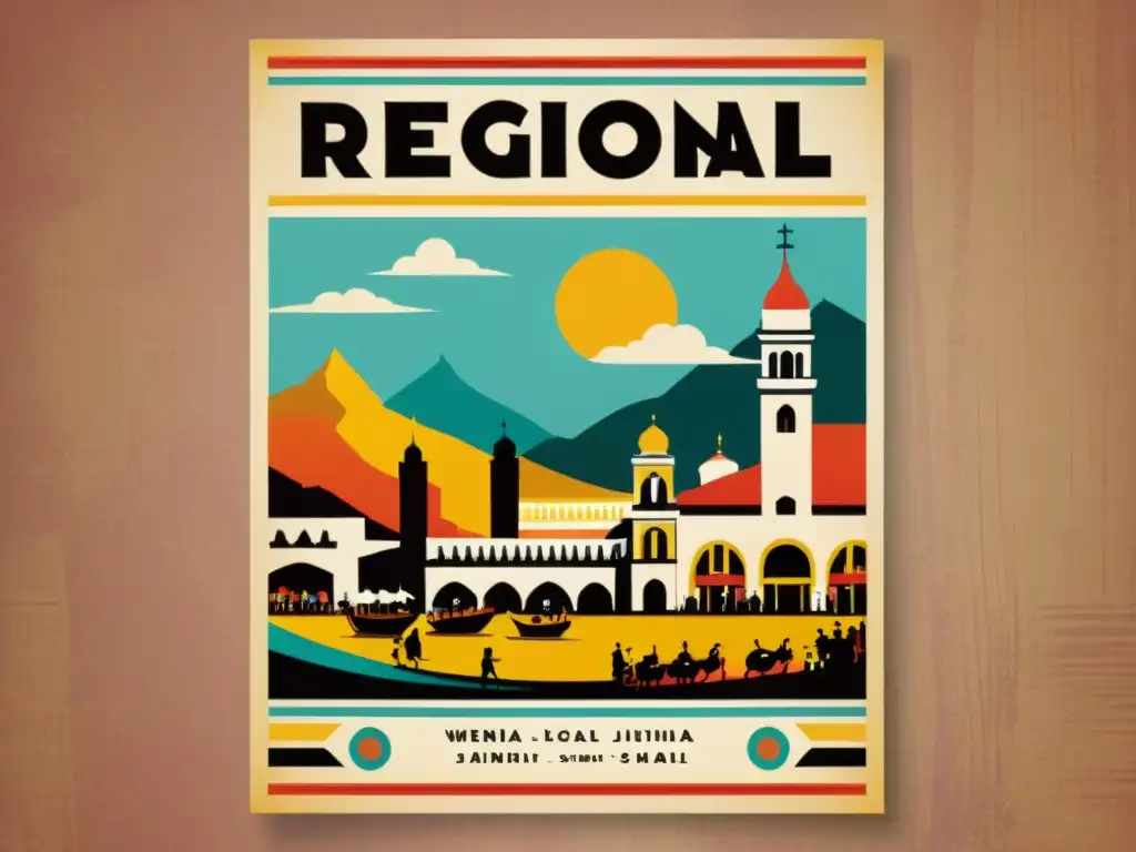 Un vibrante póster vintage con patrones regionales en publicidad local, evocando la esencia cultural de la región