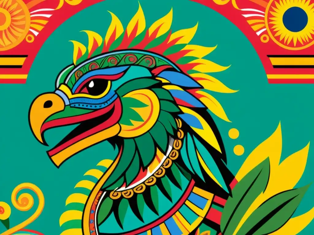 Una ilustración vintage vibrante de Quetzalcóatl, con detalles intrincados y colores vibrantes