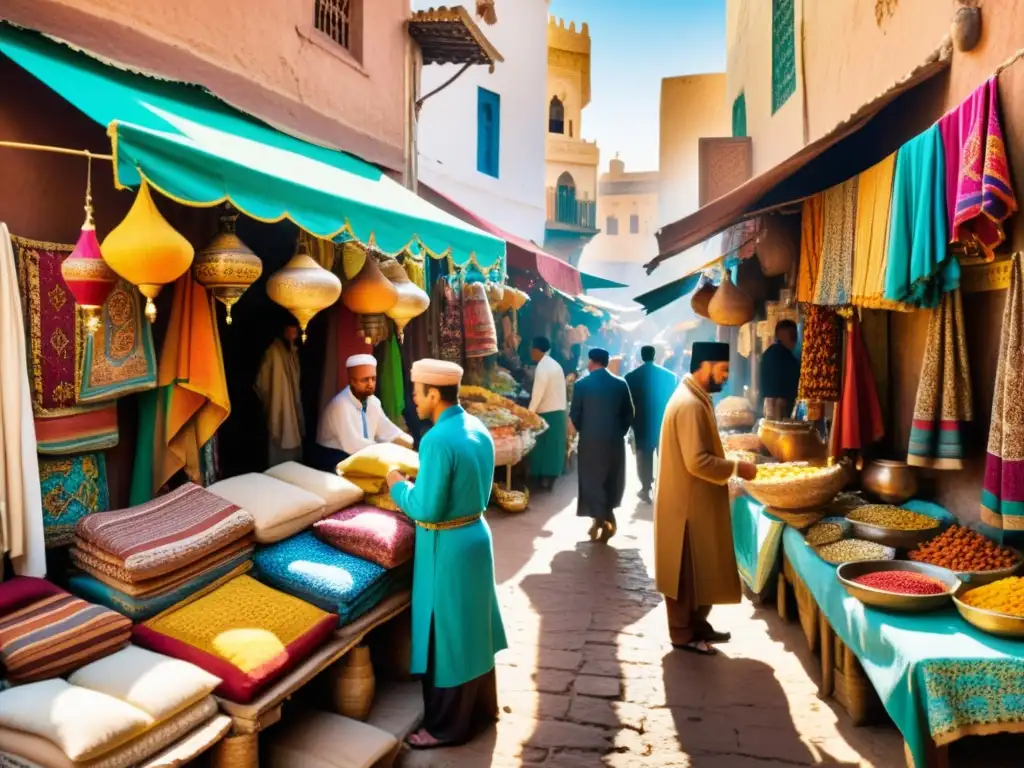 Una fotografía vibrante que captura la riqueza cultural de un bullicioso mercado marroquí, con patrones y textiles coloridos