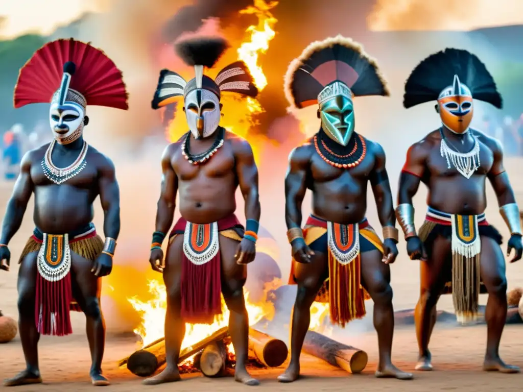 Un vibrante ritual de máscaras africanas, con patrones y movimientos dinámicos alrededor de la fogata