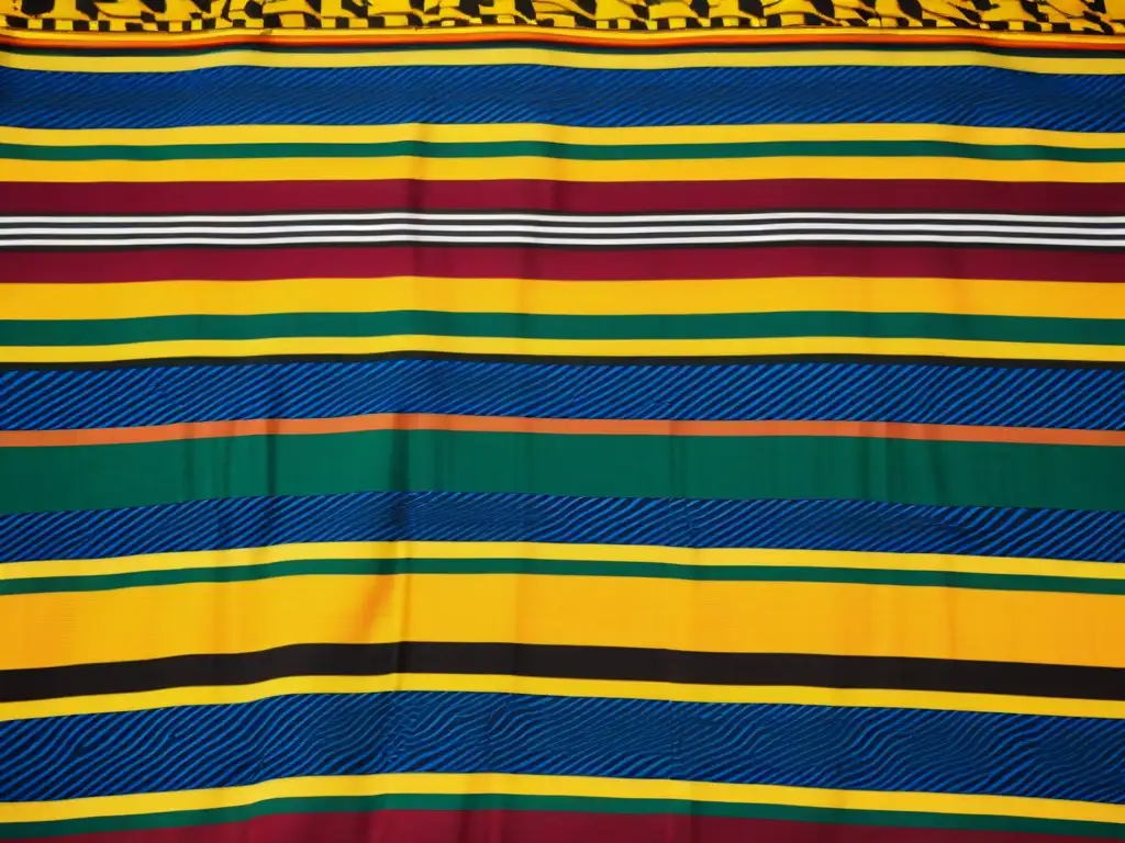 Un vibrante tejido Kente de Ghana muestra la evolución del simbolismo en tejidos africanos con intrincados patrones y colores audaces