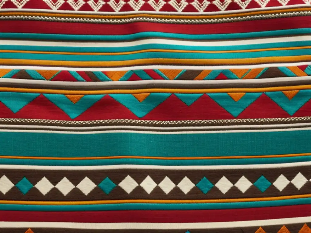 Vibrante patrón textil indígena en moda, con bordados delicados y motivos geométricos en tonos terrosos de rojo, naranja y marrón, evocando herencia cultural y artesanía