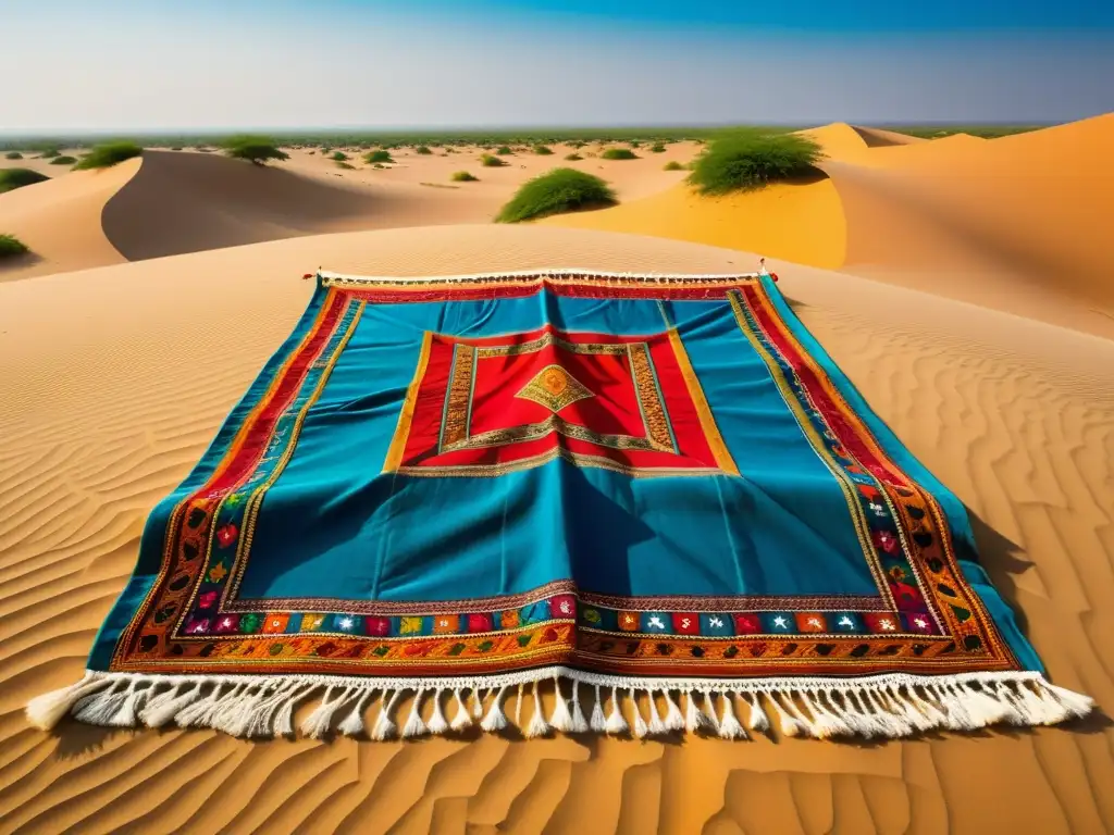 Un vibrante textil Rabari en el desierto soleado de Kutch, India, destaca los colores y bordados tradicionales de la cultura nómada