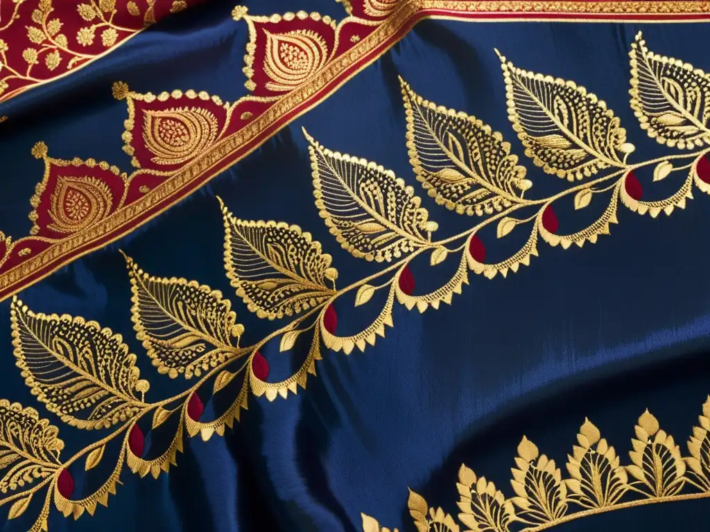 Vibrante textil de seda india con patrones intrincados en tonos índigo, carmesí y dorado, evocando el impacto comercial de la artesanía textil