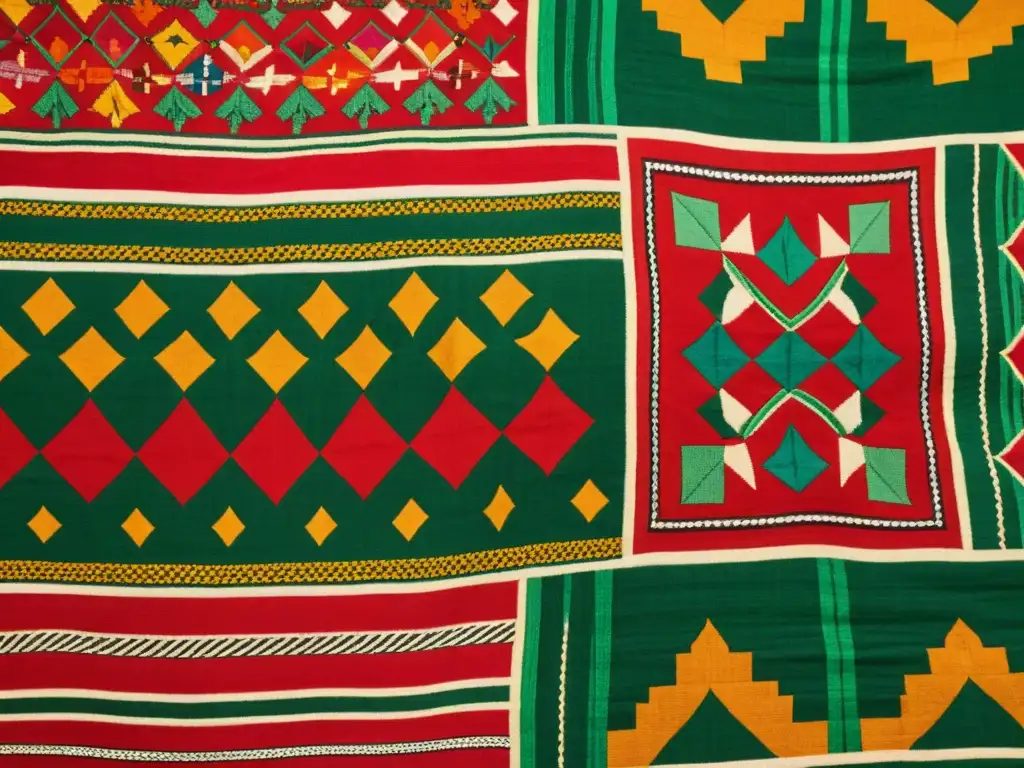 Un vibrante textil vintage Phulkari con patrones geométricos y florales en rojo, naranja y verde, mostrando la artesanía tradicional y significado revolucionario del bordado Phulkari