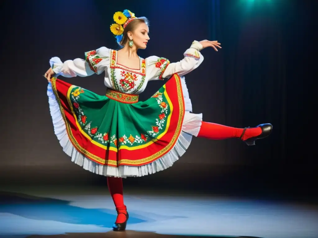 Vibrante traje ucraniano de danza folclórica con diseños entrelazados y colores llamativos, reflejando la rica herencia cultural de Europa del Este