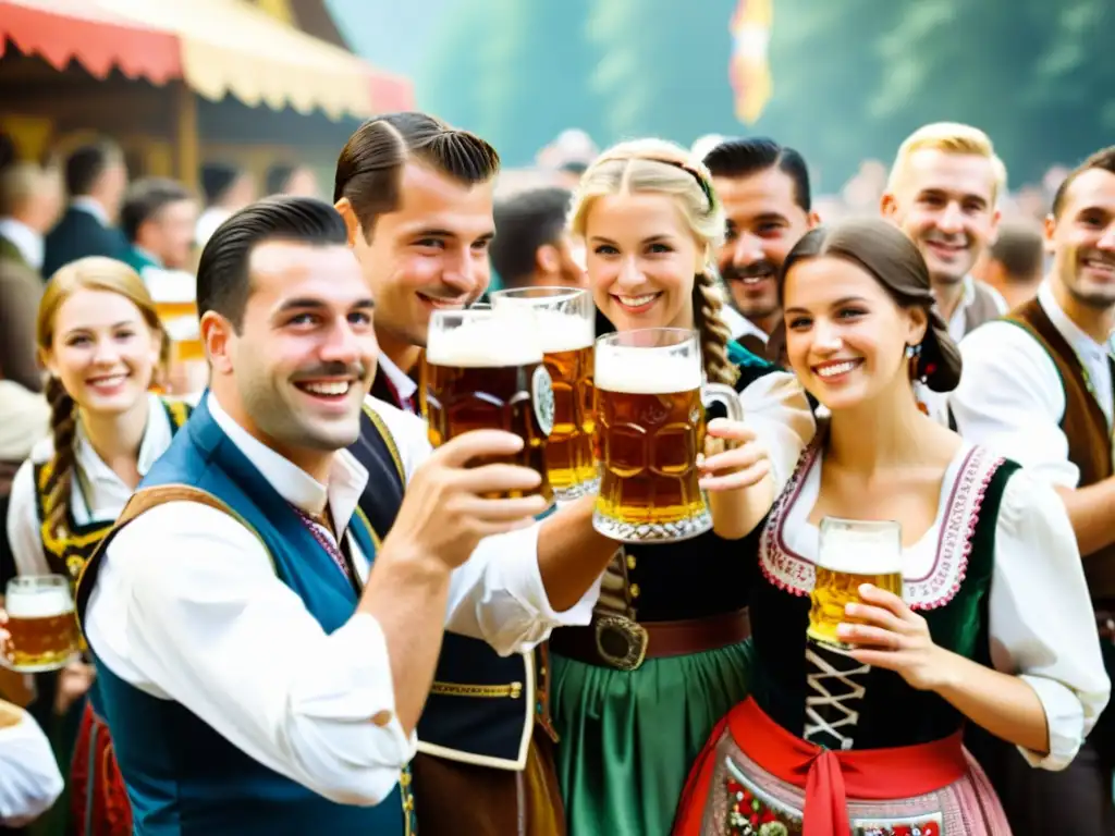 Vibrante celebración de Oktoberfest con trajes tradicionales bávaros y significado cultural de los patrones