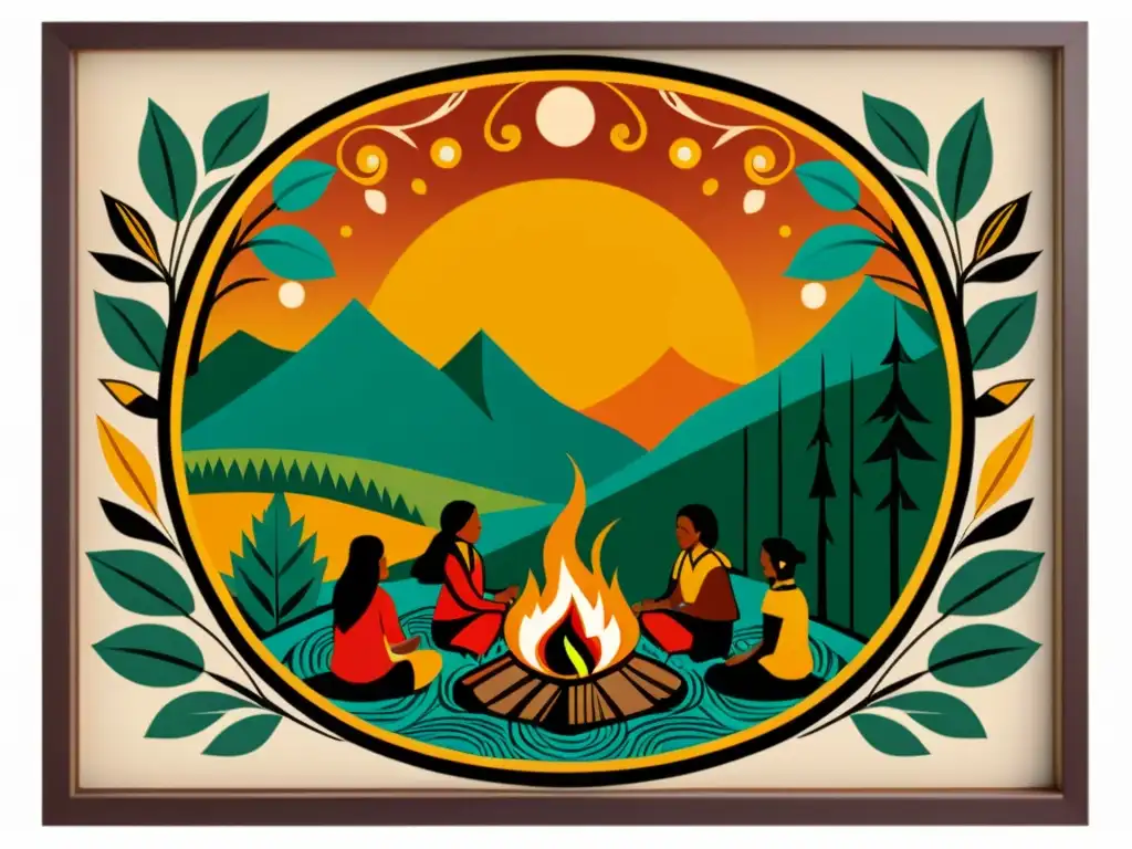 Una ilustración vibrante y vintage de personas indígenas alrededor de una fogata, con patrones ancestrales en su ropa y paisaje