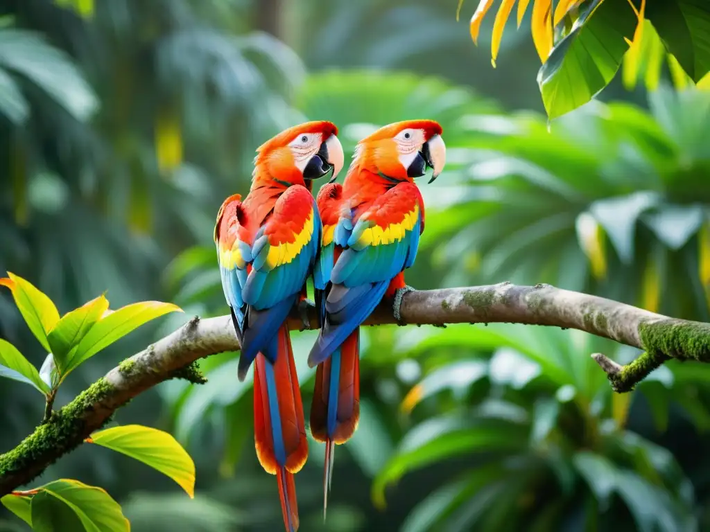 Vibrantes guacamayos escarlata en un árbol tropical, realizando un elegante baile de apareamiento