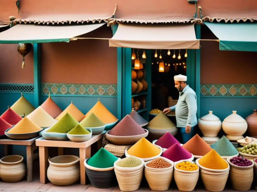 Vibrantes patrones artísticos en el bullicioso mercado de Marrakech, evocando tradición y belleza atemporal