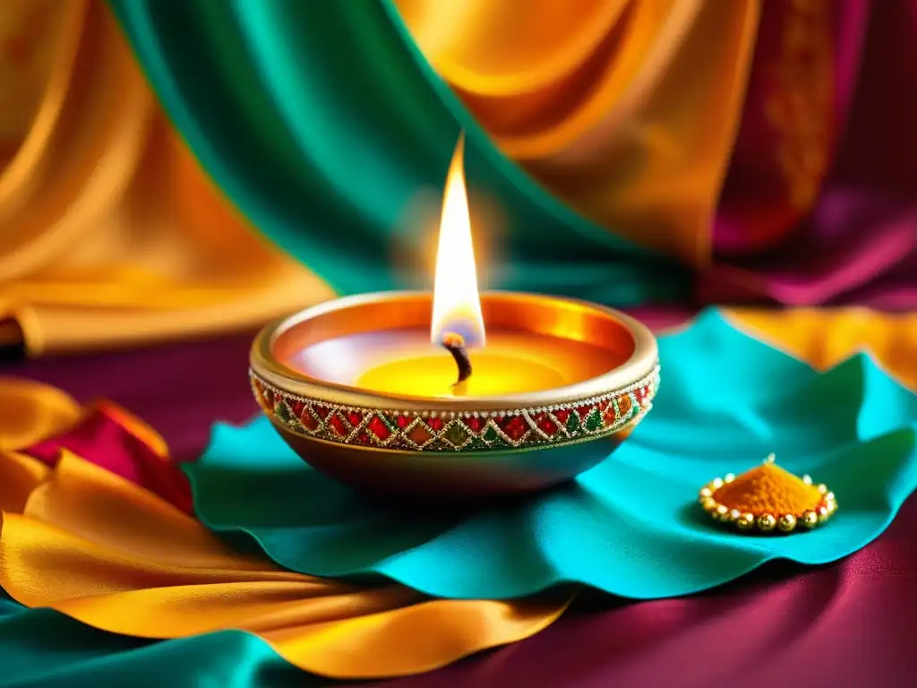 Vibrantes patrones de luz y color Diwali en una tradicional lámpara de aceite, sobre un fondo de seda ricamente coloreada