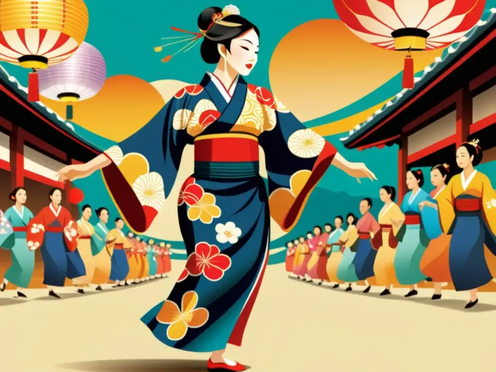 Vibrantes vestimentas y movimientos en el Festival Obon: ilustración vintage inspirada en la danza tradicional japonesa