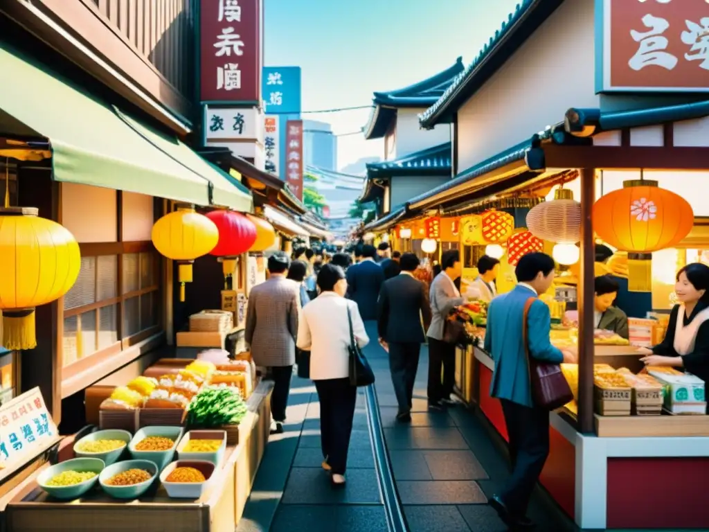 Vida urbana en Tokio: colorida calle con patrones artísticos, arquitectura tradicional y bullicio de puestos y vendedores