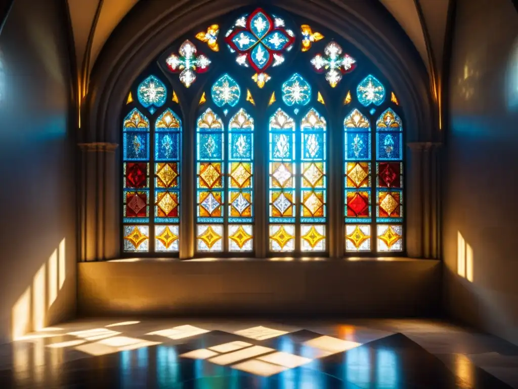 Vidrieras góticas históricas iluminadas por la luz, proyectando un cautivador juego de luces y sombras en el suelo de la catedral