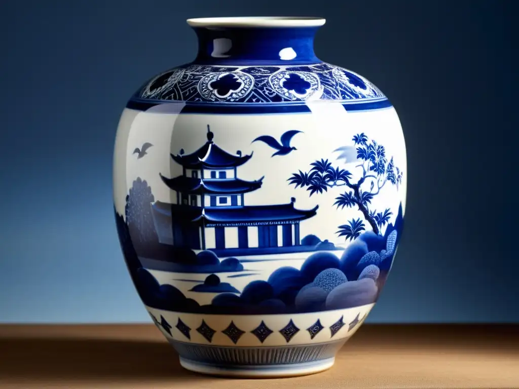 Vieja porcelana china azul pintada a mano en seda desgastada, evocando un legado global