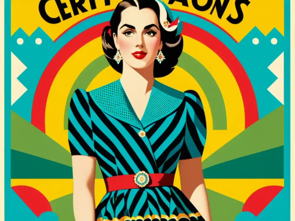 Vintage cartel de Certificaciones en Diseño de Patrones para Publicidad, con una elegante mujer, patrones coloridos y letras ornamentadas