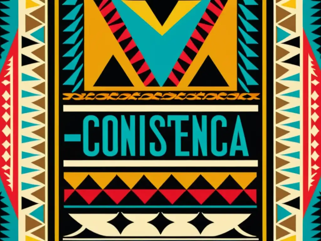 Vintage cartel 'Consistencia de Marca en Patrones Culturales' con tipografía llamativa y patrones tradicionales en tonos cálidos y terrosos