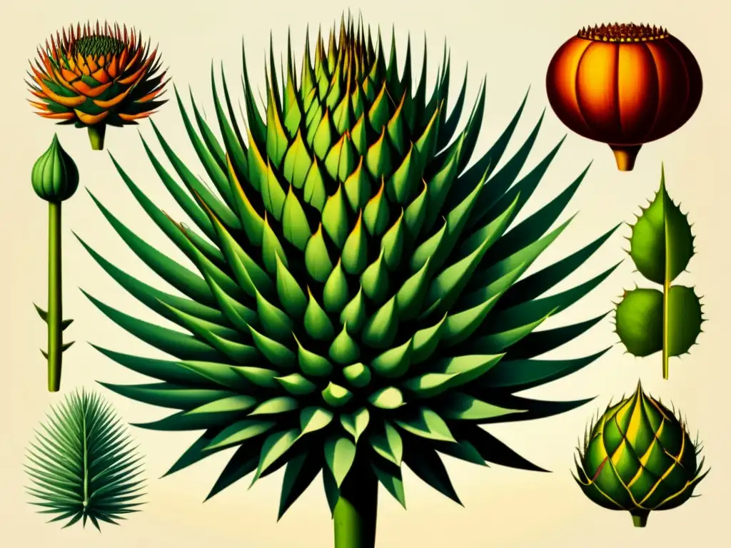 Una ilustración vintage detallada que muestra patrones defensivos en plantas espinosas, evocando descubrimiento científico y exploración botánica