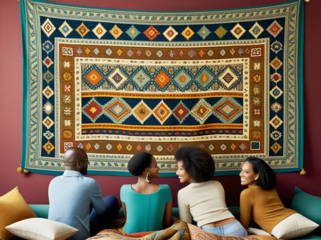 Una fotografía vintage de personas de diversas culturas reunidas alrededor de un tapiz vibrante y detallado