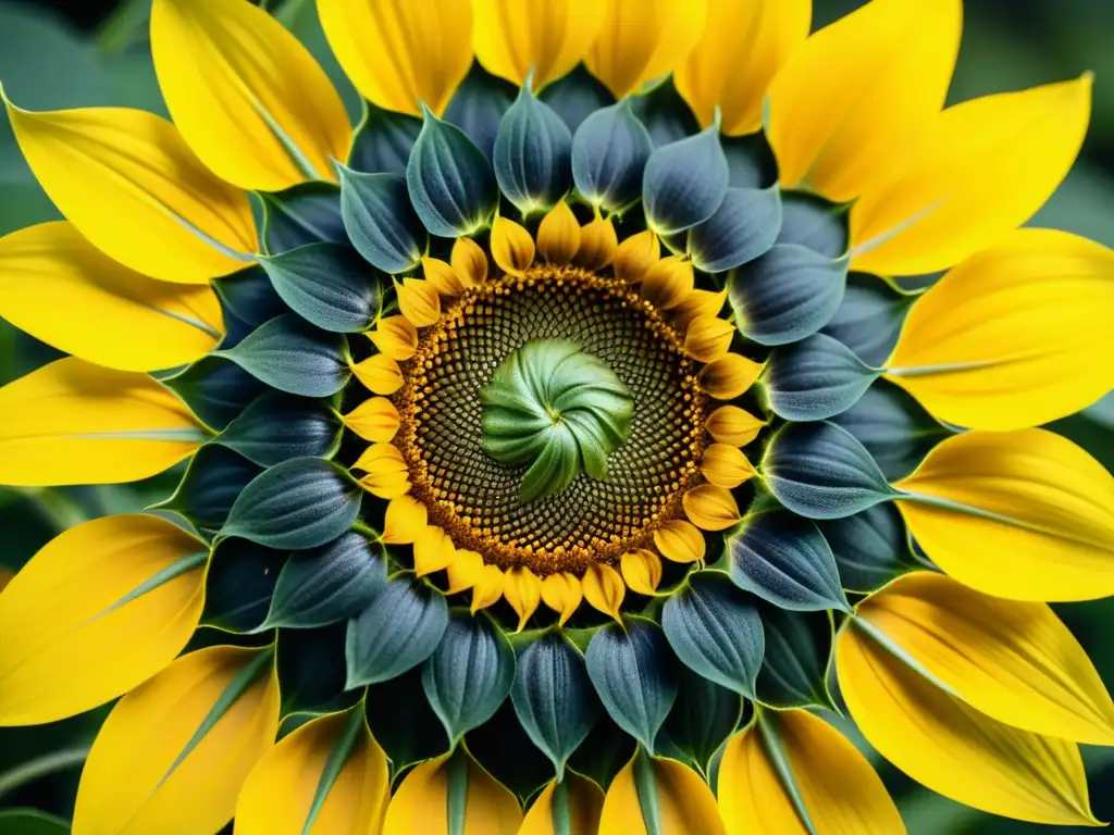 Detalles hipnóticos del girasol: patrones naturales en espiral Una fotografía vintage en primer plano del centro de un girasol, destacando los patrones geométricos de las semillas y pétalos