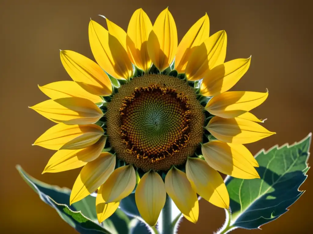 Una fotografía vintage en primer plano de un girasol en flor revelando sus patrones de flores en espiral y pétalos dorados