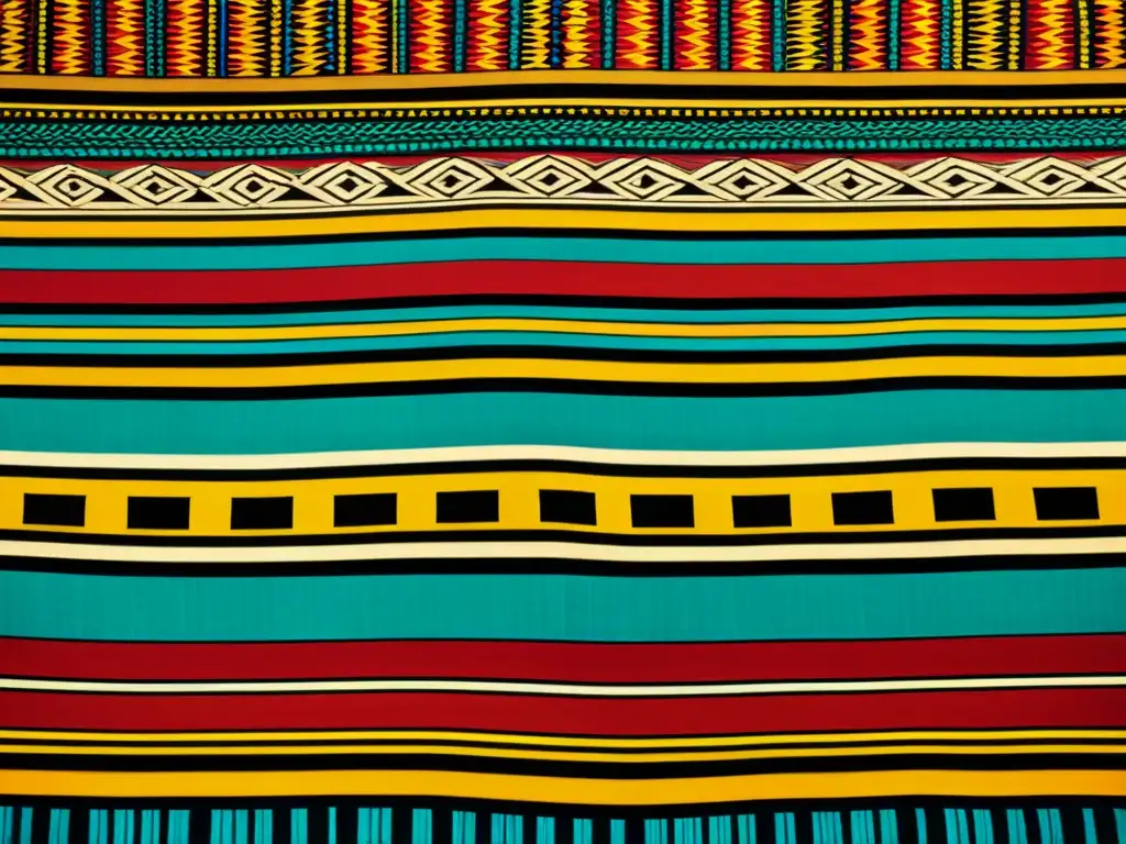 Textil africano: Patrones geométricos detallados y colores vibrantes Una fotografía vintage en primer plano de una impresión 3D de patrones africanos, resaltando la riqueza cultural y la artesanía detallada de la tela