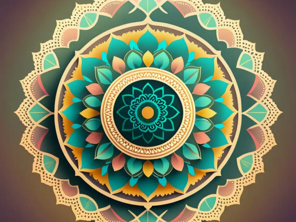 Un mandala virtual con patrones meditativos en colores pastel, rodeado de elementos digitales que crean una atmósfera de inmersión y calma