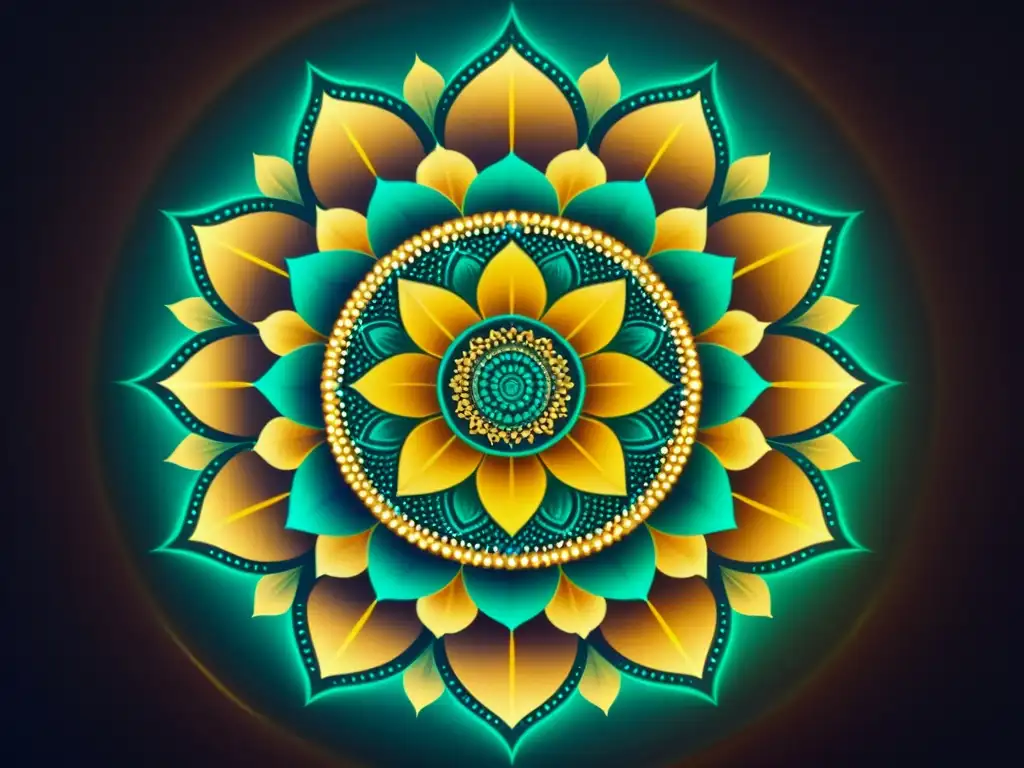 Un mandala virtual irradia patrones meditativos en vibrantes colores joya sobre un fondo estrellado, evocando serenidad interior