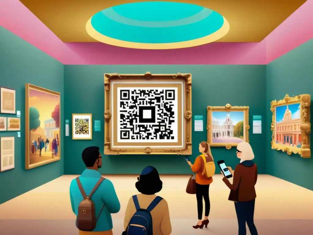 Visitantes exploran arte con códigos QR, patrones e historia en un museo vintage