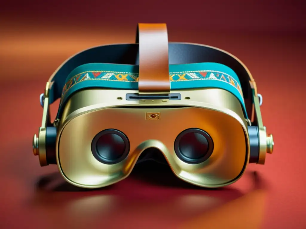 Visor de realidad virtual vintage con patrones culturales Un visor de realidad virtual vintage con patrones culturales, fusionando experiencias de realidad virtual con patrones culturales de diversas culturas