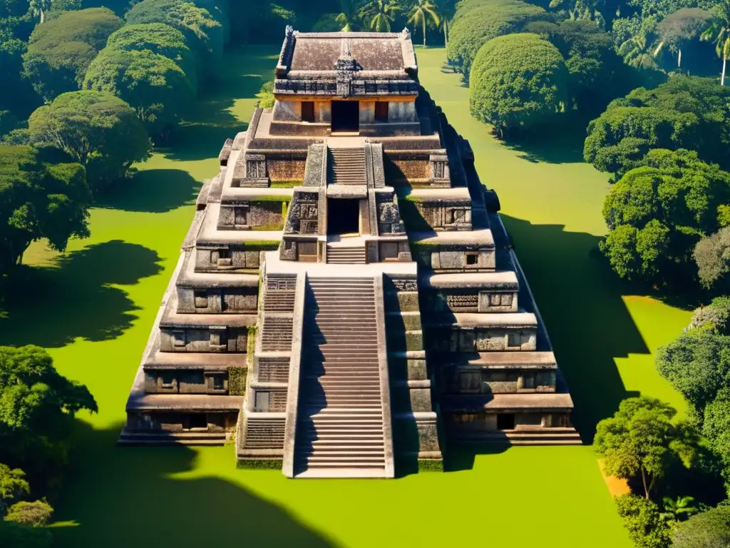 Vista aérea de antiguo templo maya con patrones arquitectónicos de civilizaciones, destacando detalles y naturaleza exuberante