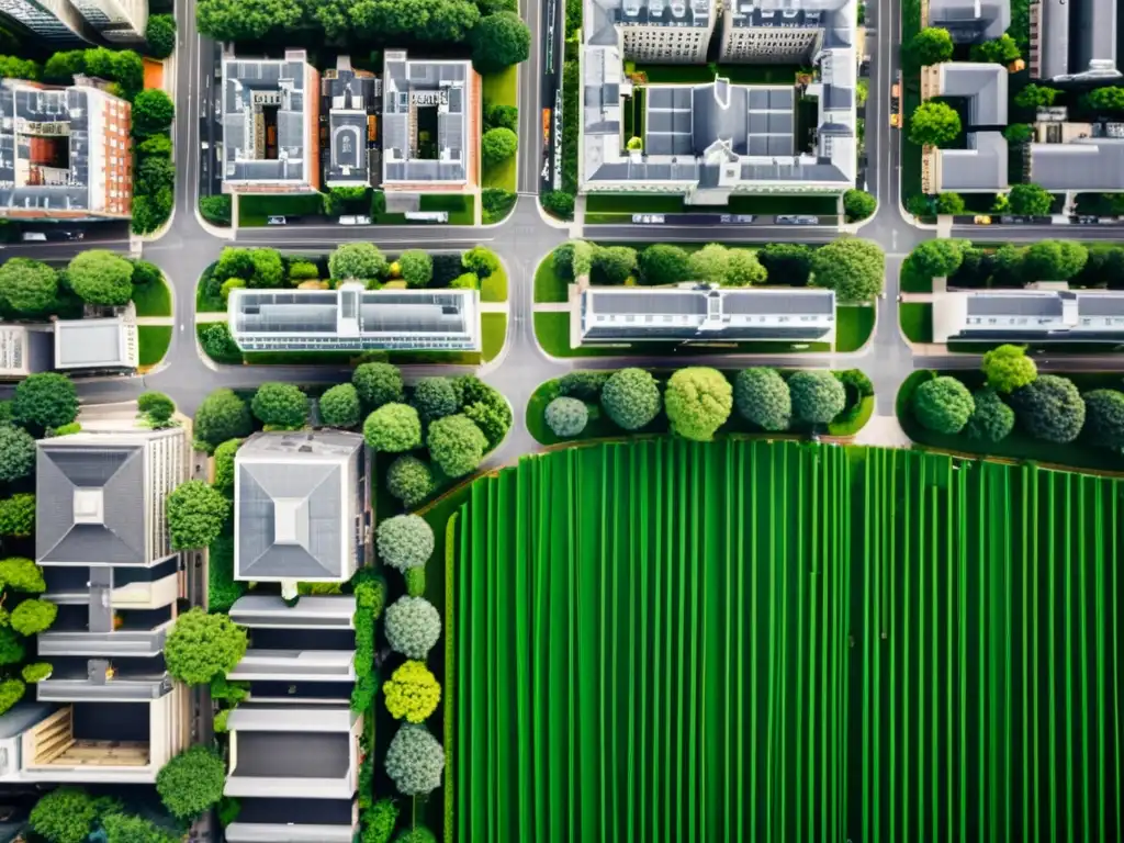 Vista aérea en blanco y negro de una ciudad armoniosa con patrones de diseño urbano y espacios verdes