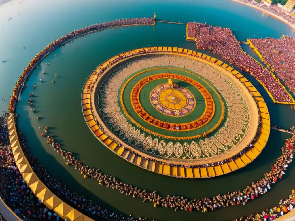 Vista aérea del bullicioso festival Kumbh Mela en India, con peregrinos y sadhus entre las geométricas y vibrantes mandalas